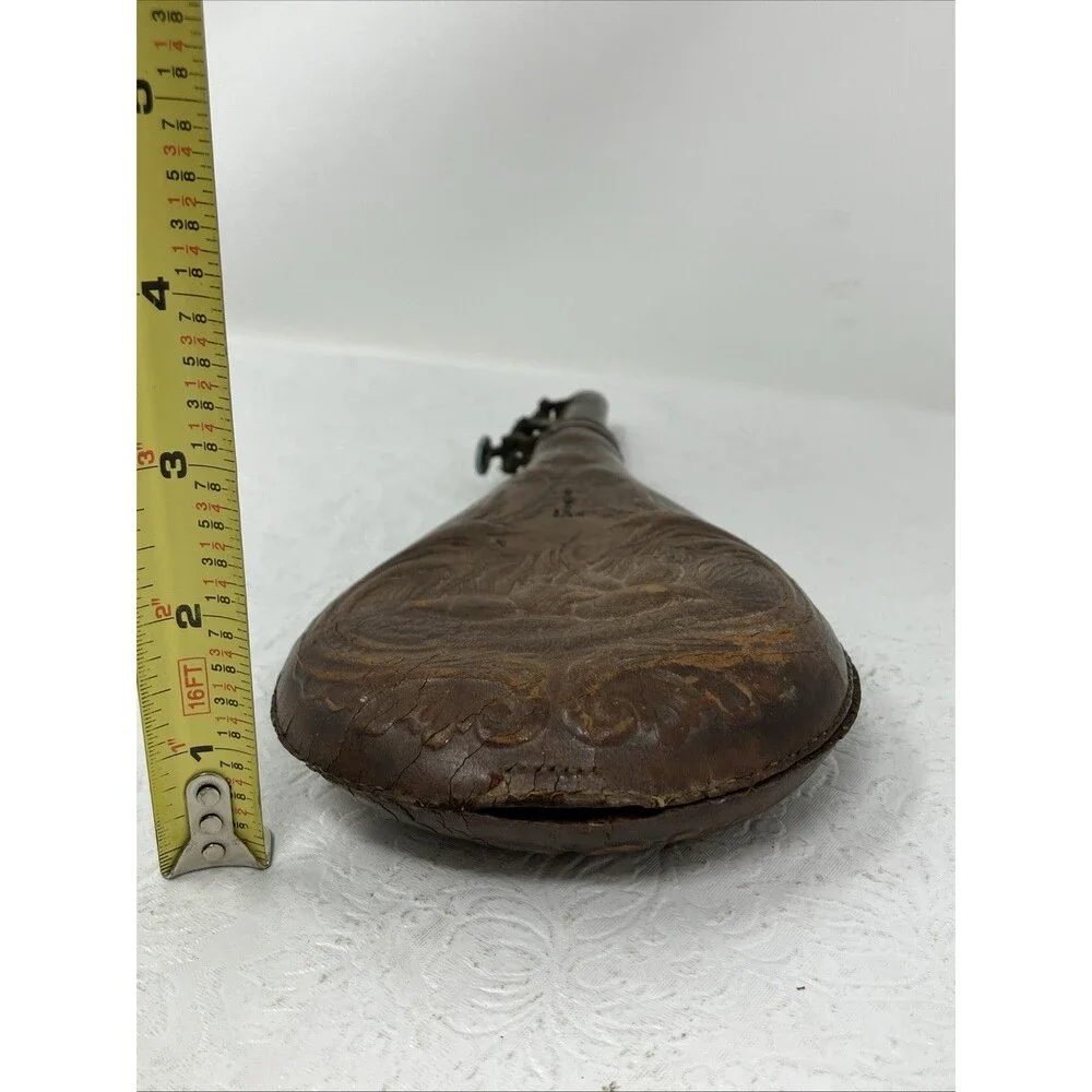 Antique Leather Gunpowder Pouch FLAWED Quail Pheasant Design w metal top VTG